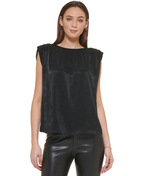 Women's Solid Satin Crewneck Shoulder-Pad Top